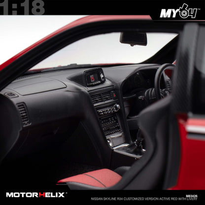 [Motorhelix] 1:18 Nissan Skyline R34 Customized Version -  Active Red With Livery