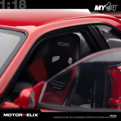 [Motorhelix] 1:18 Nissan Skyline R34 Customized Version -  Active Red With Livery