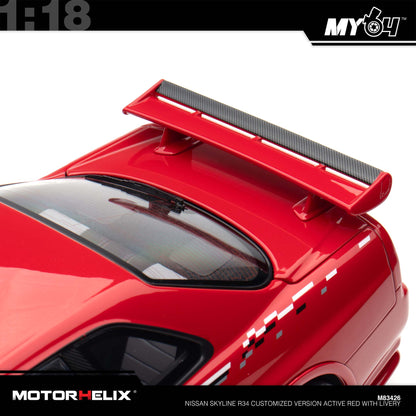 [Motorhelix] 1:18 Nissan Skyline R34 Customized Version -  Active Red With Livery