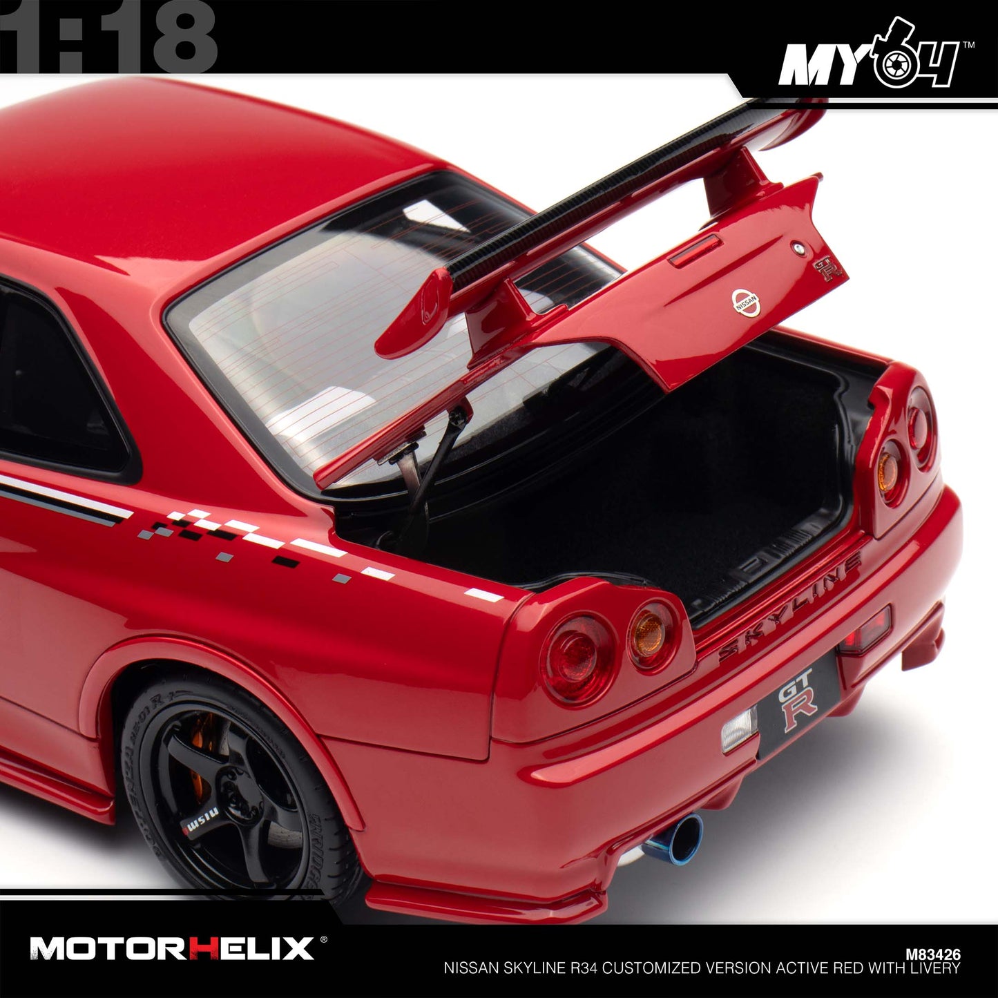 [Motorhelix] 1:18 Nissan Skyline R34 Customized Version -  Active Red With Livery