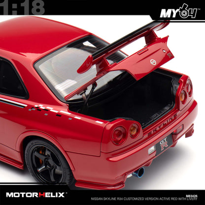 [Motorhelix] 1:18 Nissan Skyline R34 Customized Version -  Active Red With Livery