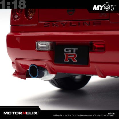 [Motorhelix] 1:18 Nissan Skyline R34 Customized Version -  Active Red With Livery