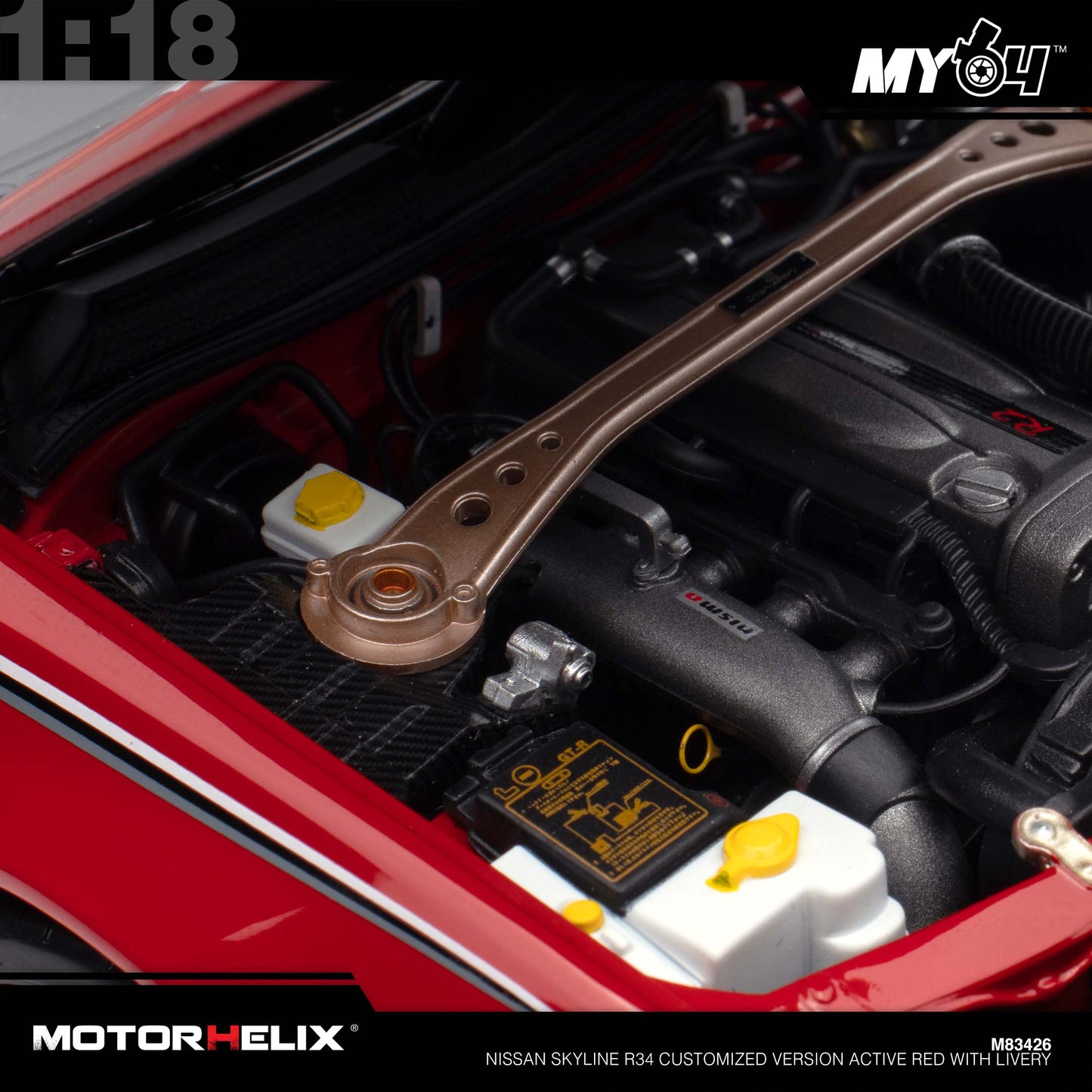 [Motorhelix] 1:18 Nissan Skyline R34 Customized Version -  Active Red With Livery