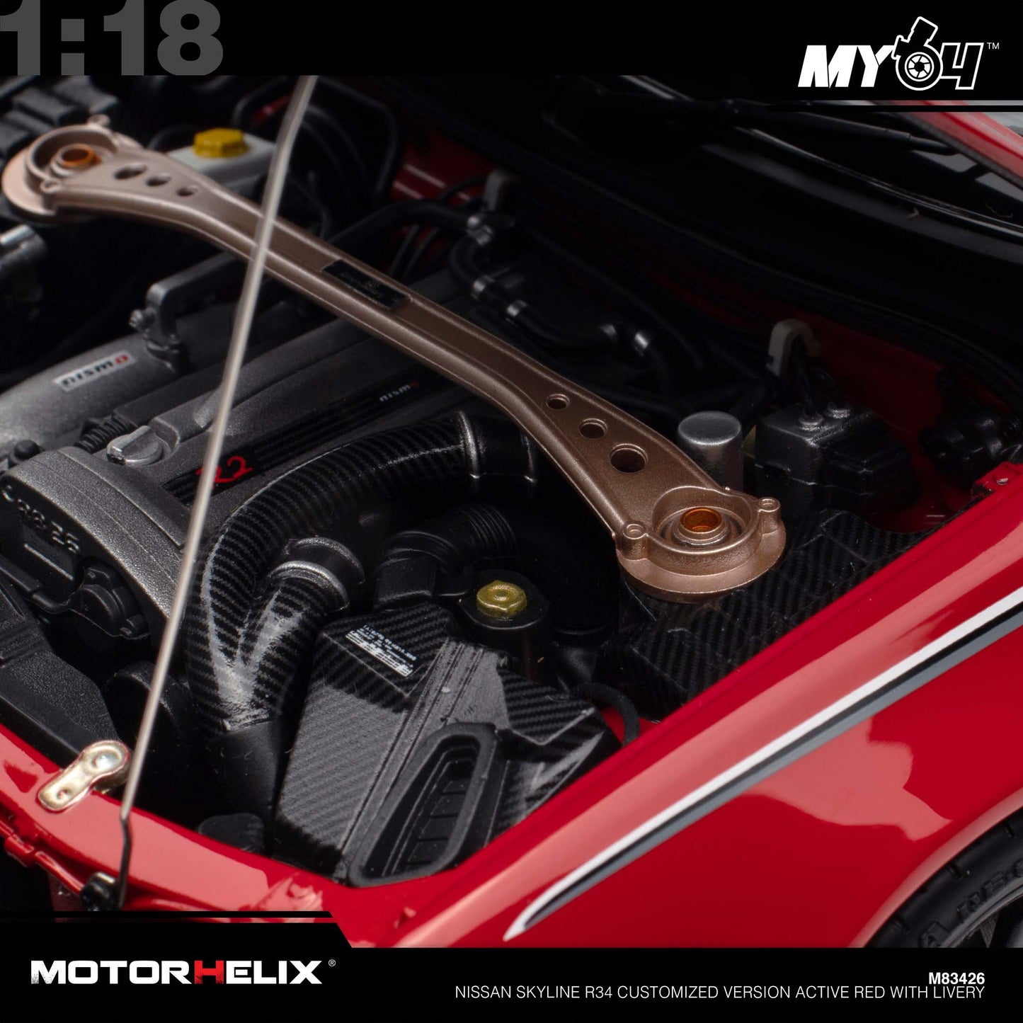 [Motorhelix] 1:18 Nissan Skyline R34 Customized Version -  Active Red With Livery
