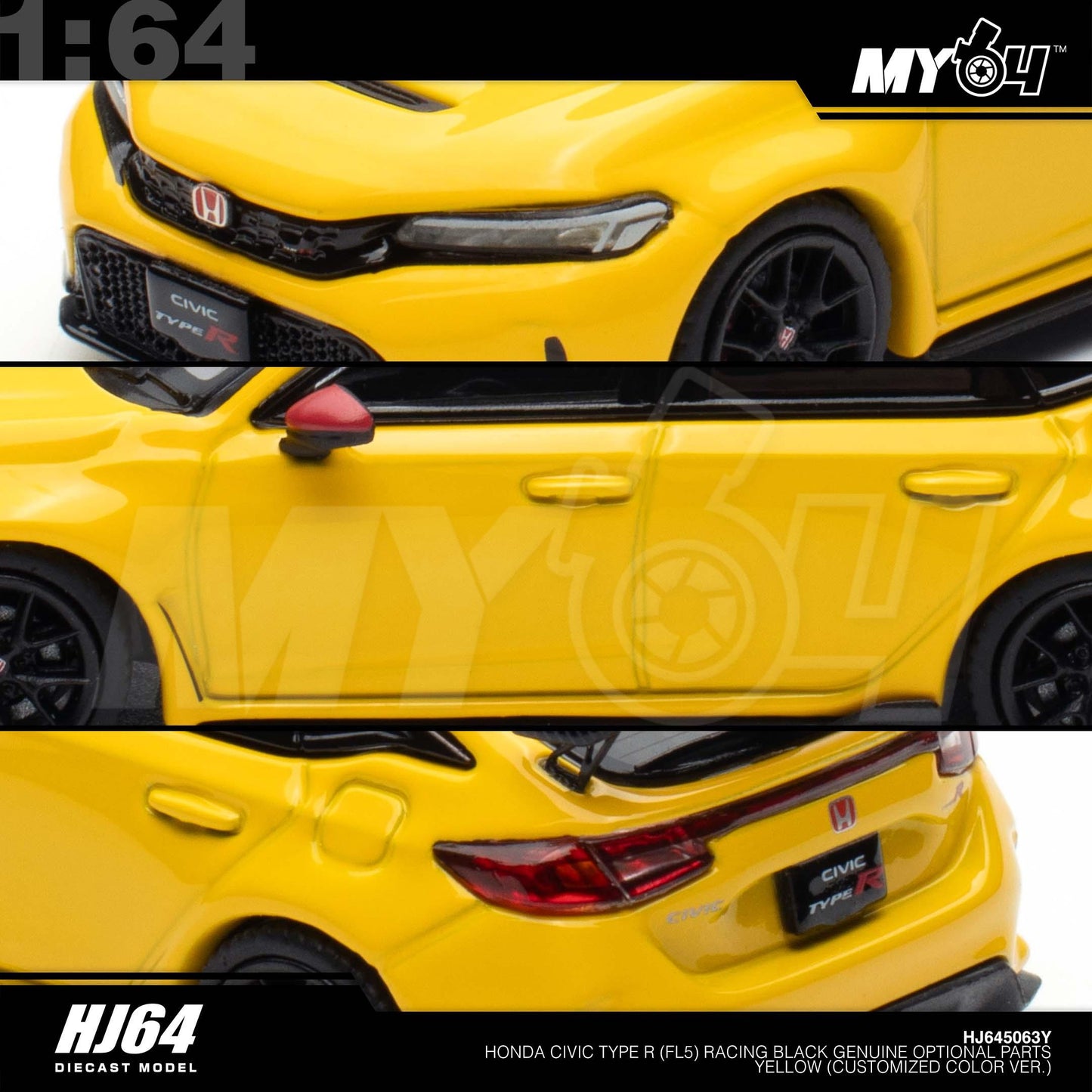 [Hobby Japan] 1:64 Honda Civic Type R FL5 Racing Black Package / Genuine Optional Parts - Yellow (Customized Colour)