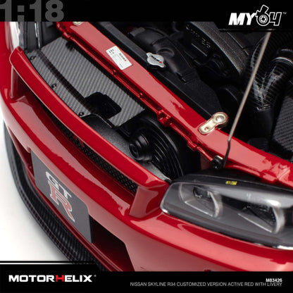 [Motorhelix] 1:18 Nissan Skyline R34 Customized Version -  Active Red With Livery