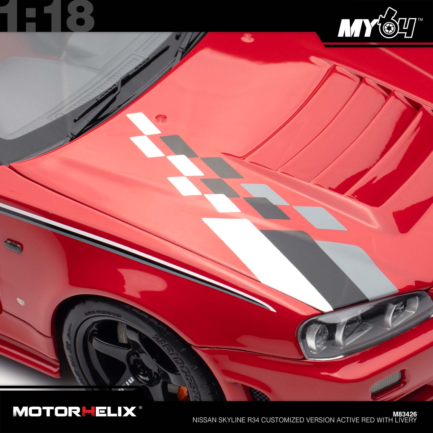 [Motorhelix] 1:18 Nissan Skyline R34 Customized Version -  Active Red With Livery
