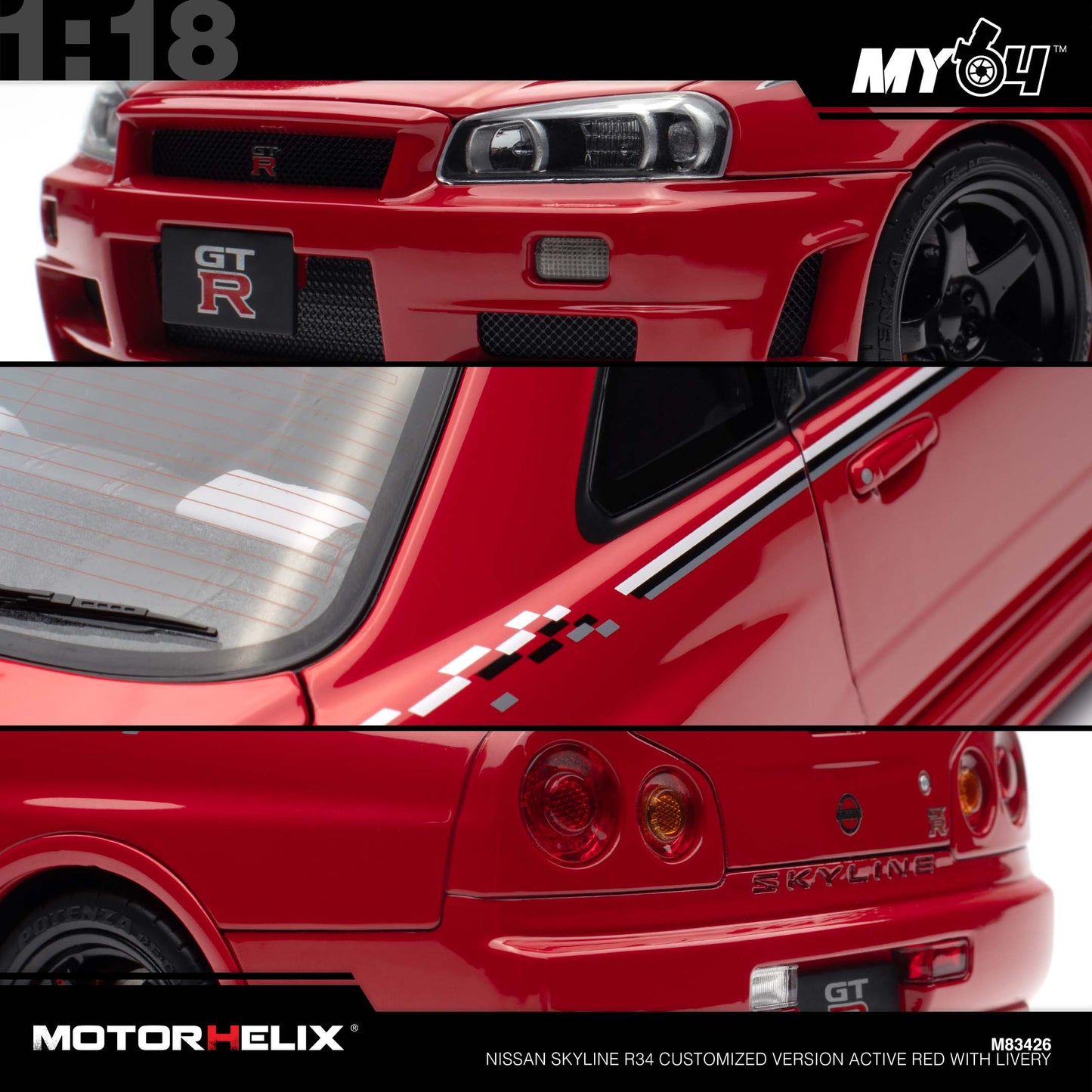 [Motorhelix] 1:18 Nissan Skyline R34 Customized Version -  Active Red With Livery
