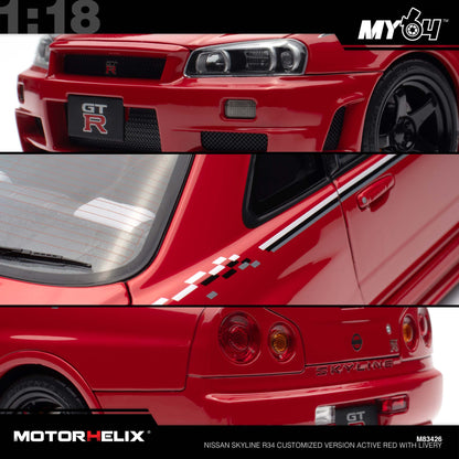 [Motorhelix] 1:18 Nissan Skyline R34 Customized Version -  Active Red With Livery