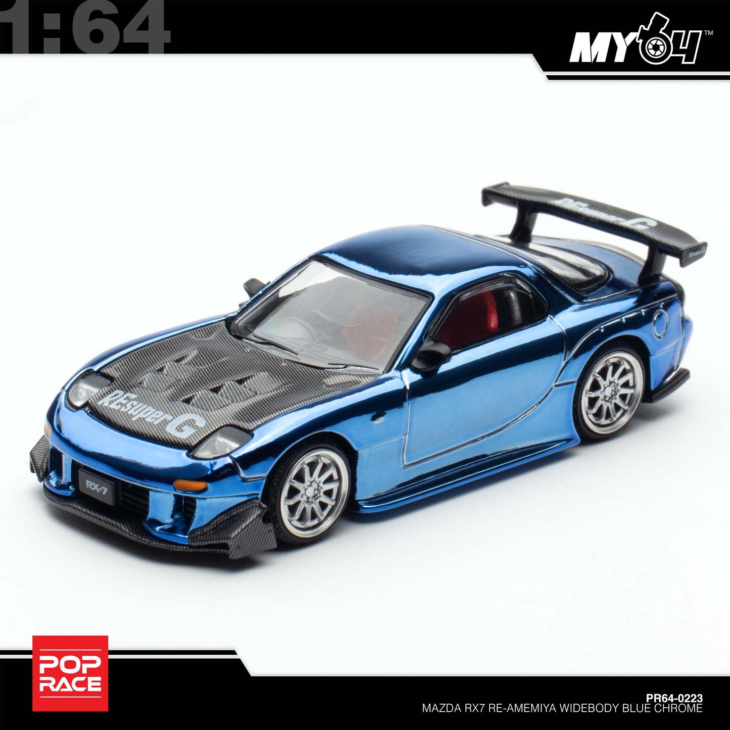 [Pop Race]  1:64 Mazda RX7 Re-Amemiya Widebody - Blue Chrome