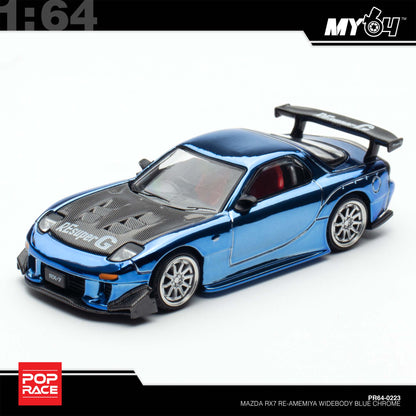 [Pop Race]  1:64 Mazda RX7 Re-Amemiya Widebody - Blue Chrome