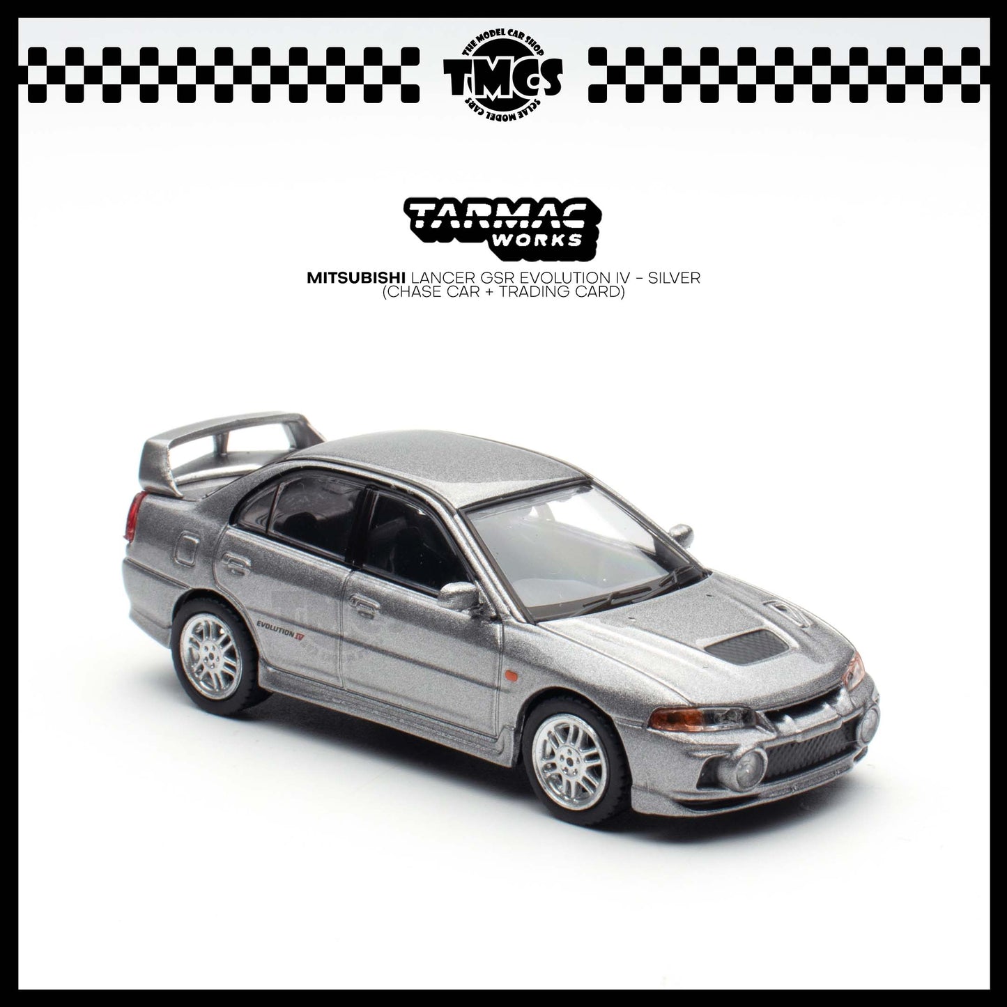 [Tarmac Works] 1:64 Mitsubishi Lancer GSR Evolution IV - Silver (Chase Car + Trading Card)