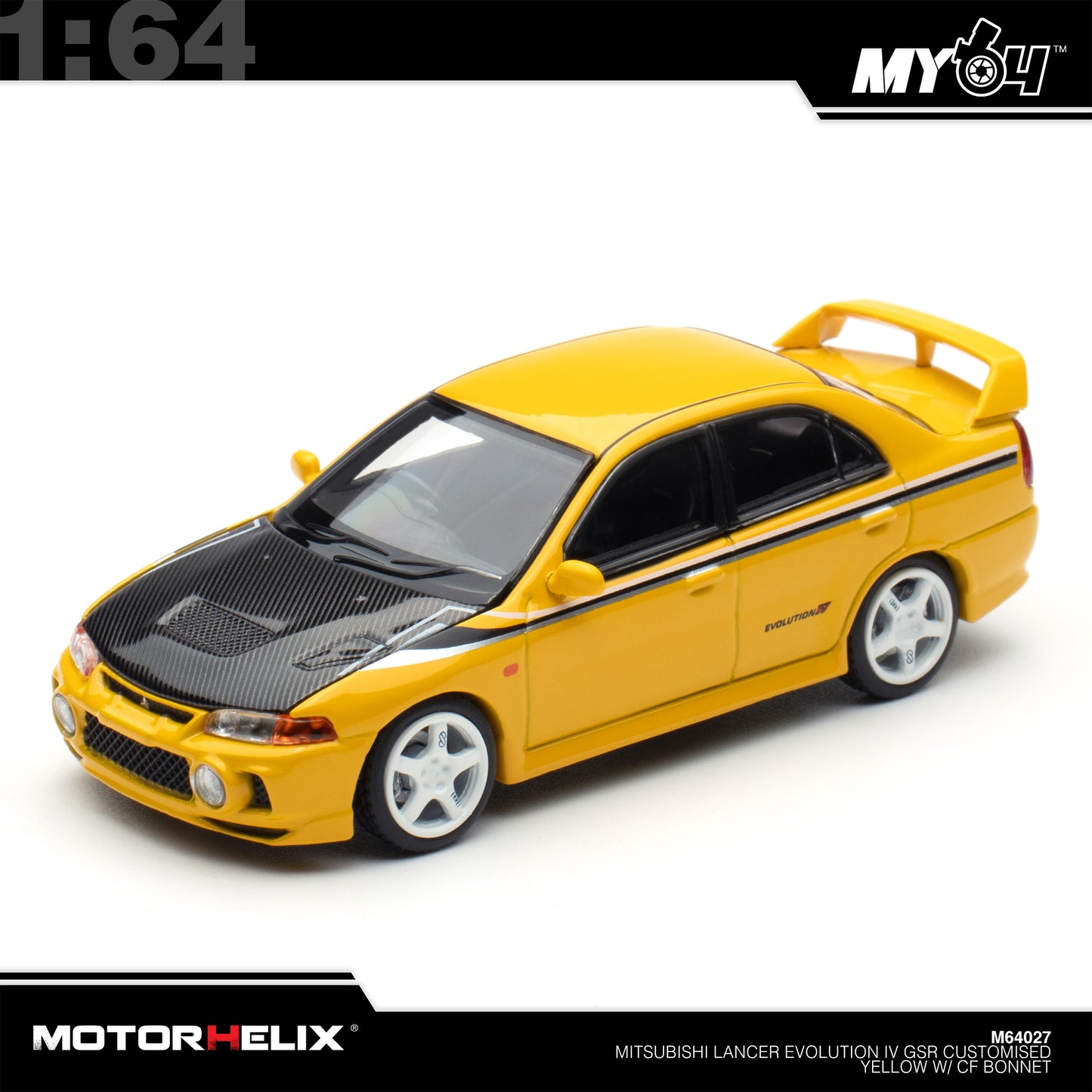 [Motorhelix] 1:64 Mitsubishi Lancer GSR Evolution IV - Customized Yellow with Carbon Bonnet
