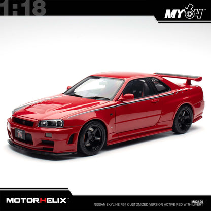 [Motorhelix] 1:18 Nissan Skyline R34 Customized Version -  Active Red With Livery