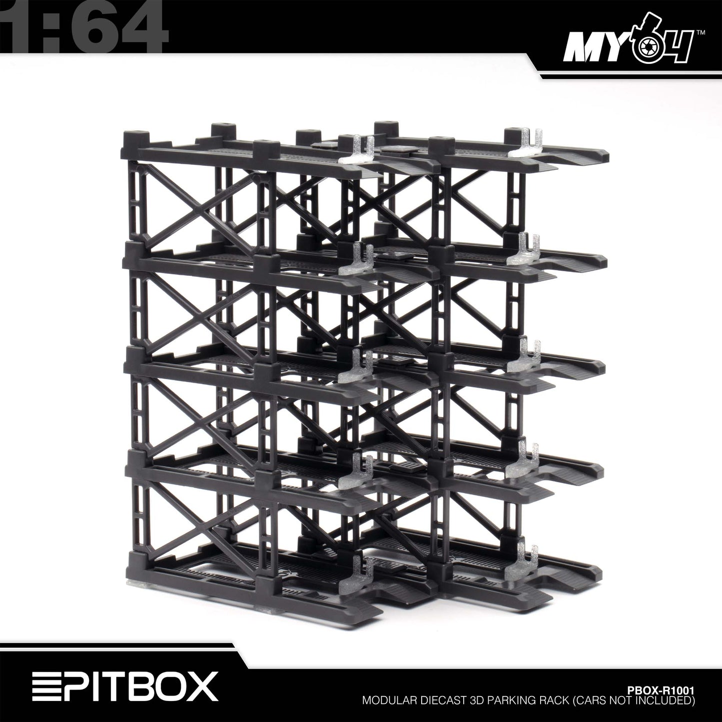 [PitBox] 1:64 Diorama 10-Bay Parking Rack (Grey) with Car Holder