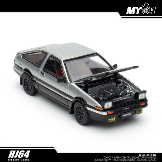 [Hobby Japan] Toyota SPRINTER TRUENO GT APEX (AE86) JDM Style with CARBON BONNET( Functional Engine Hood) - Silver / Black