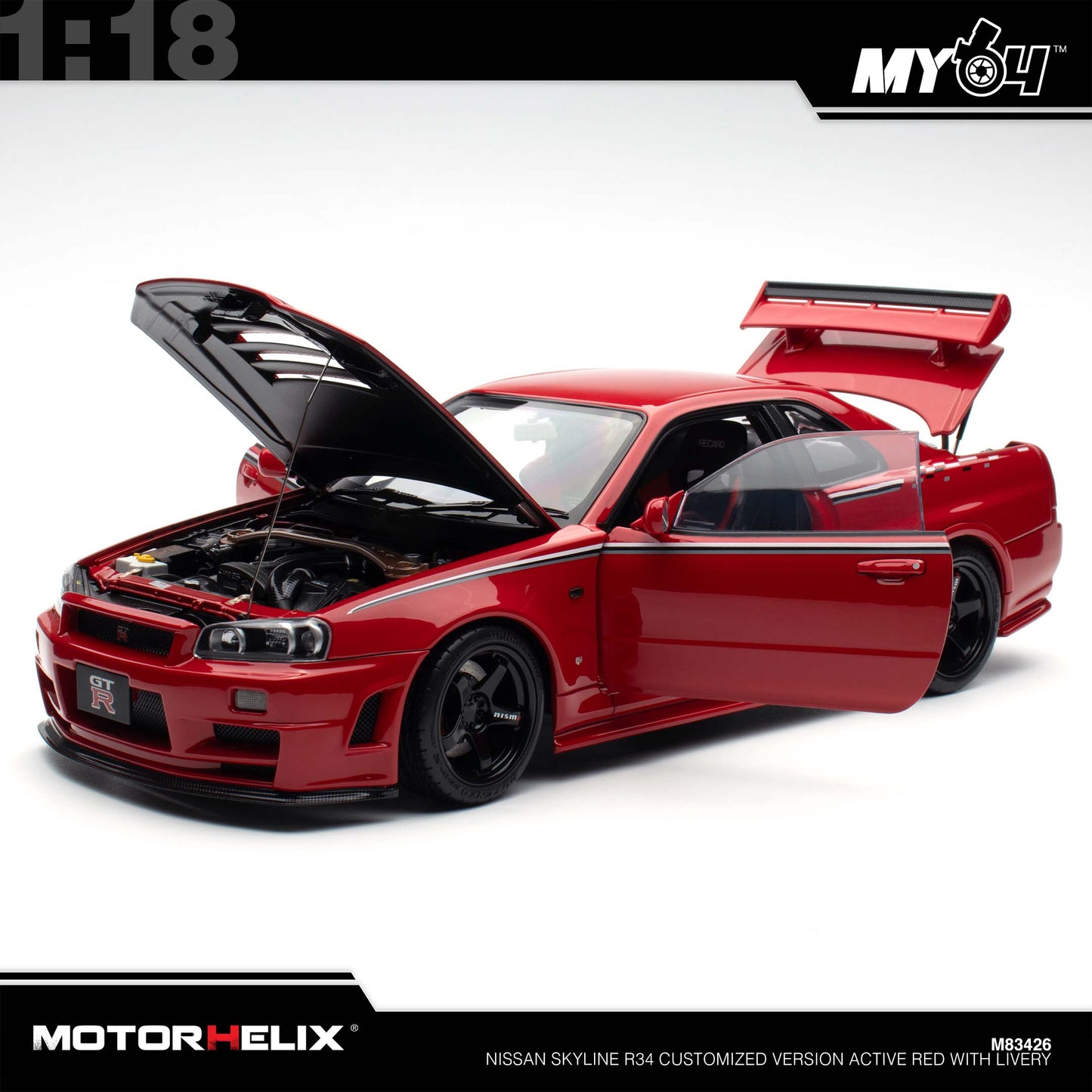 [Motorhelix] 1:18 Nissan Skyline R34 Customized Version -  Active Red With Livery