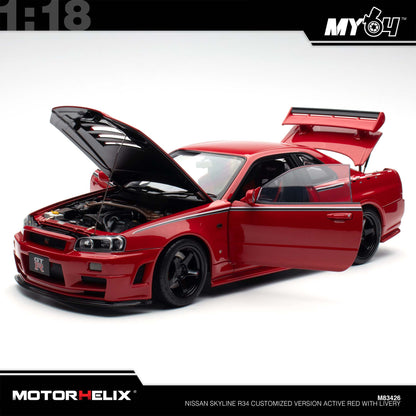 [Motorhelix] 1:18 Nissan Skyline R34 Customized Version -  Active Red With Livery