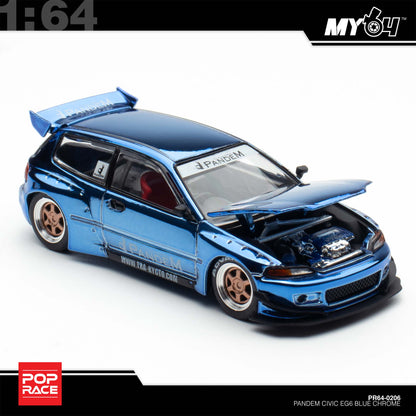 [Pop Race] 1:64 Pandem Honda Civic EG6 - Blue Chrome