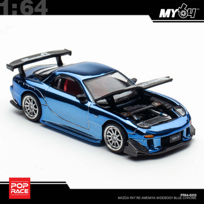 [Pop Race]  1:64 Mazda RX7 Re-Amemiya Widebody - Blue Chrome