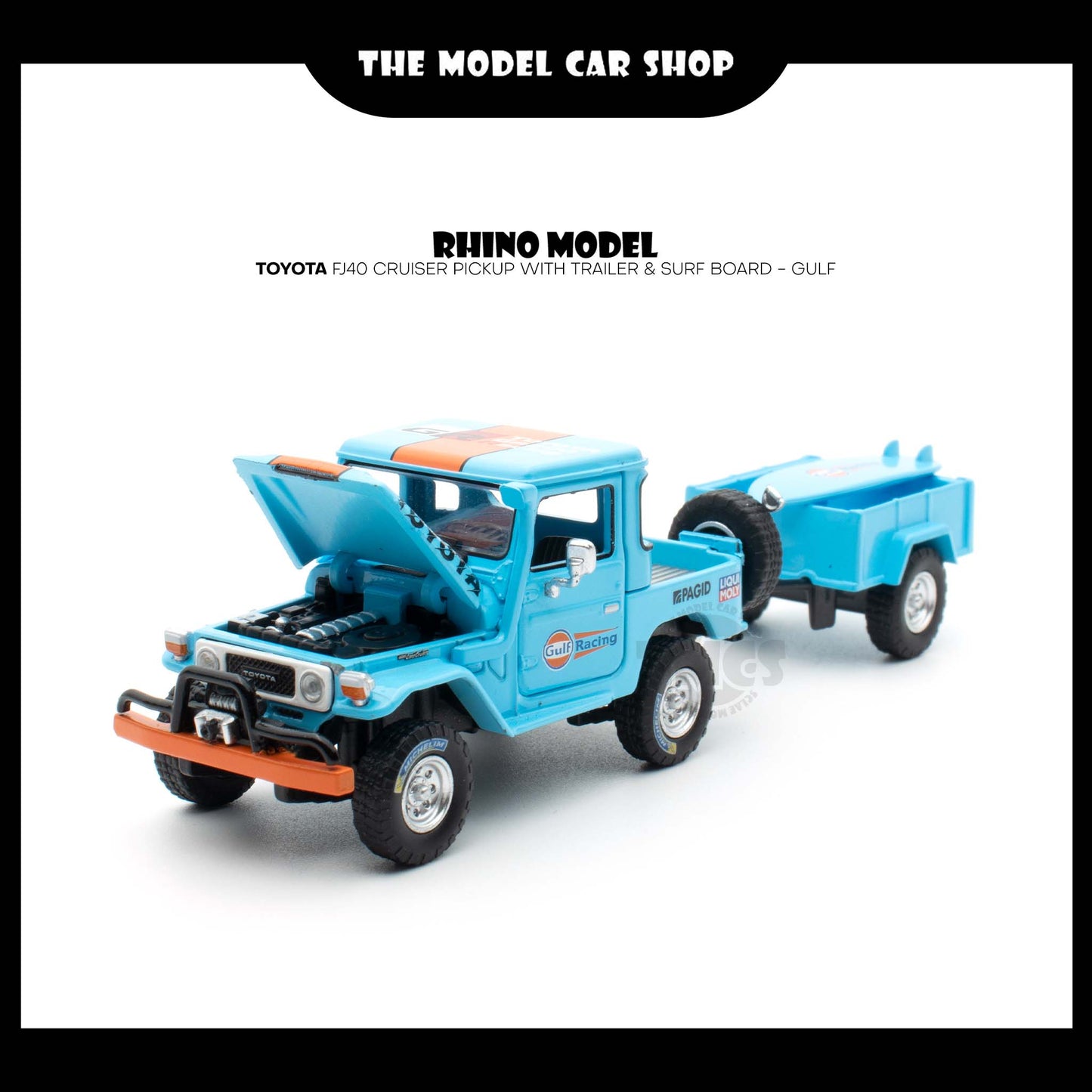 [Rhino Model] Toyota FJ40 Land Cruiser Pickup with Trailer & Surf Board - Gulf