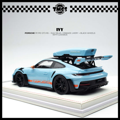 [IVY] 1:18 Porsche 911 992 GT3 RS - Gulf Blue / Orange Livery + Black Wheels WIth Luggage
