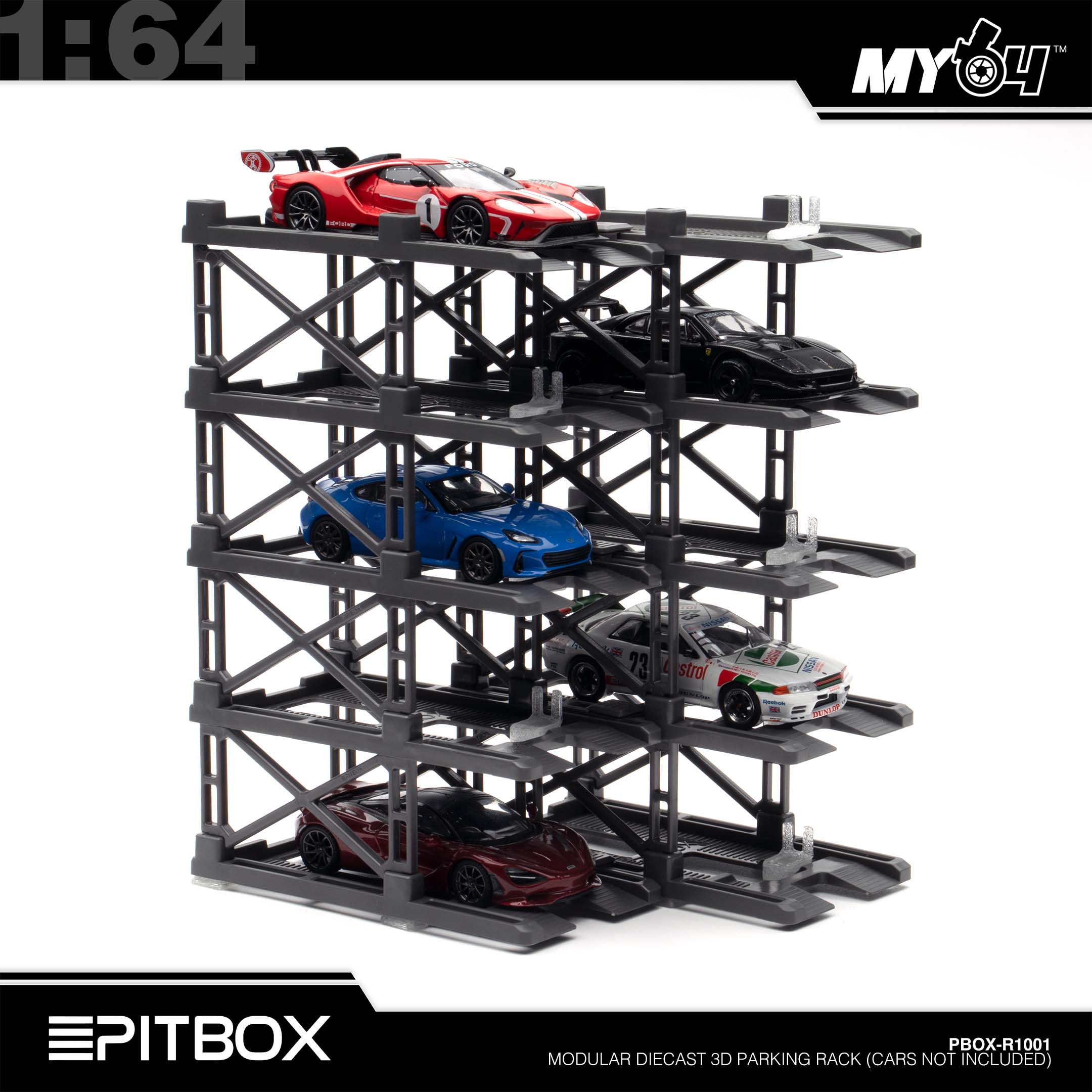 PitBox] 1:64 Diorama 10-Bay Parking Rack (Grey) with Car Holder