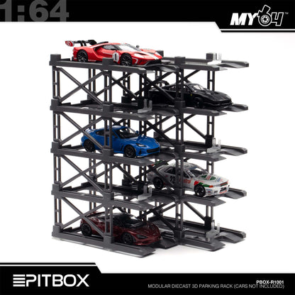 [PitBox] 1:64 Diorama 10-Bay Parking Rack (Grey) with Car Holder