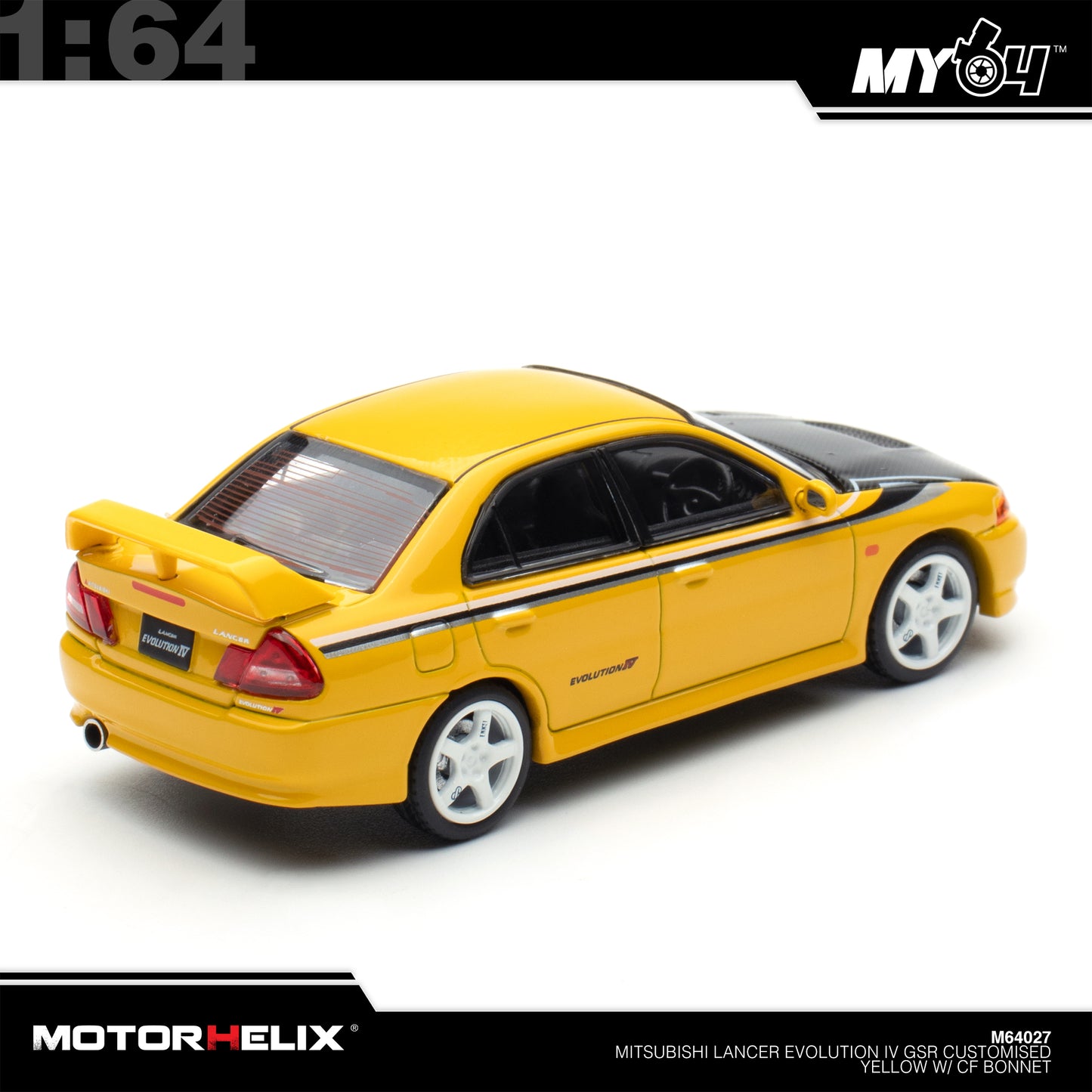 [Motorhelix] 1:64 Mitsubishi Lancer GSR Evolution IV - Customized Yellow with Carbon Bonnet