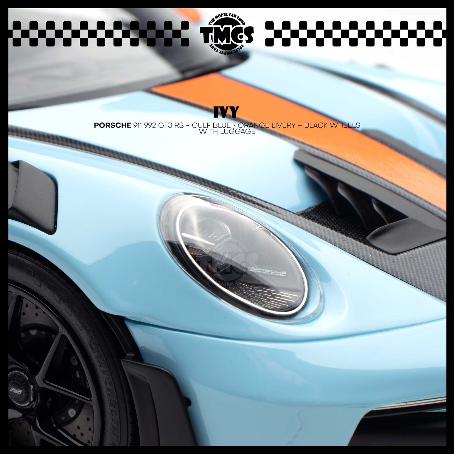 [IVY] 1:18 Porsche 911 992 GT3 RS - Gulf Blue / Orange Livery + Black Wheels WIth Luggage