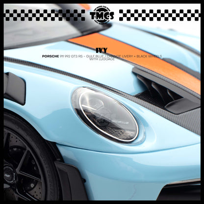 [IVY] 1:18 Porsche 911 992 GT3 RS - Gulf Blue / Orange Livery + Black Wheels WIth Luggage