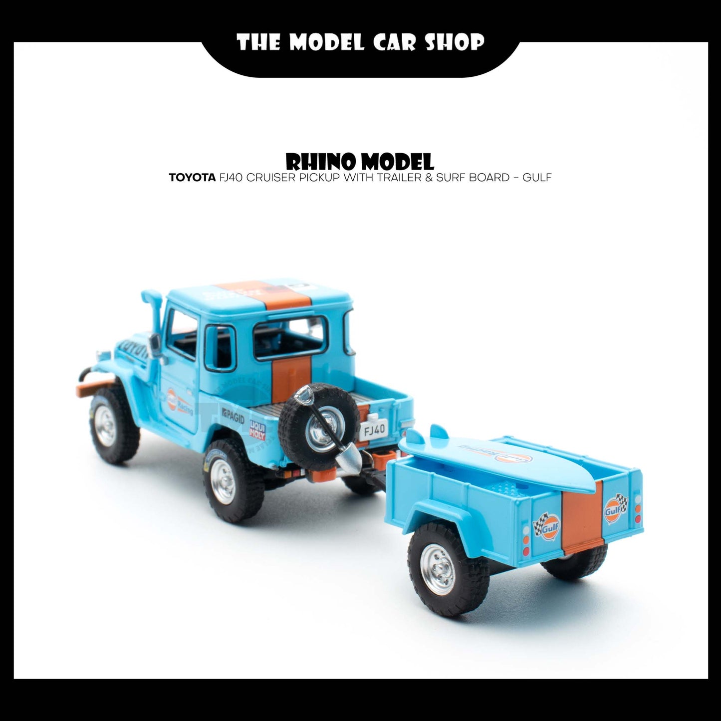 [Rhino Model] Toyota FJ40 Land Cruiser Pickup with Trailer & Surf Board - Gulf