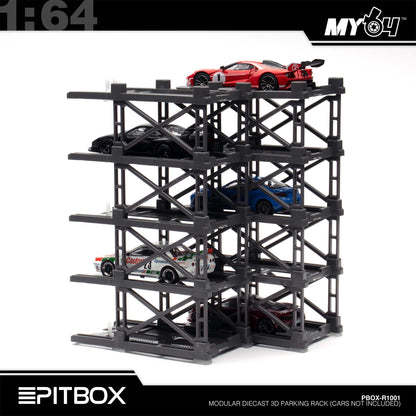 [PitBox] 1:64 Diorama 10-Bay Parking Rack (Grey) with Car Holder