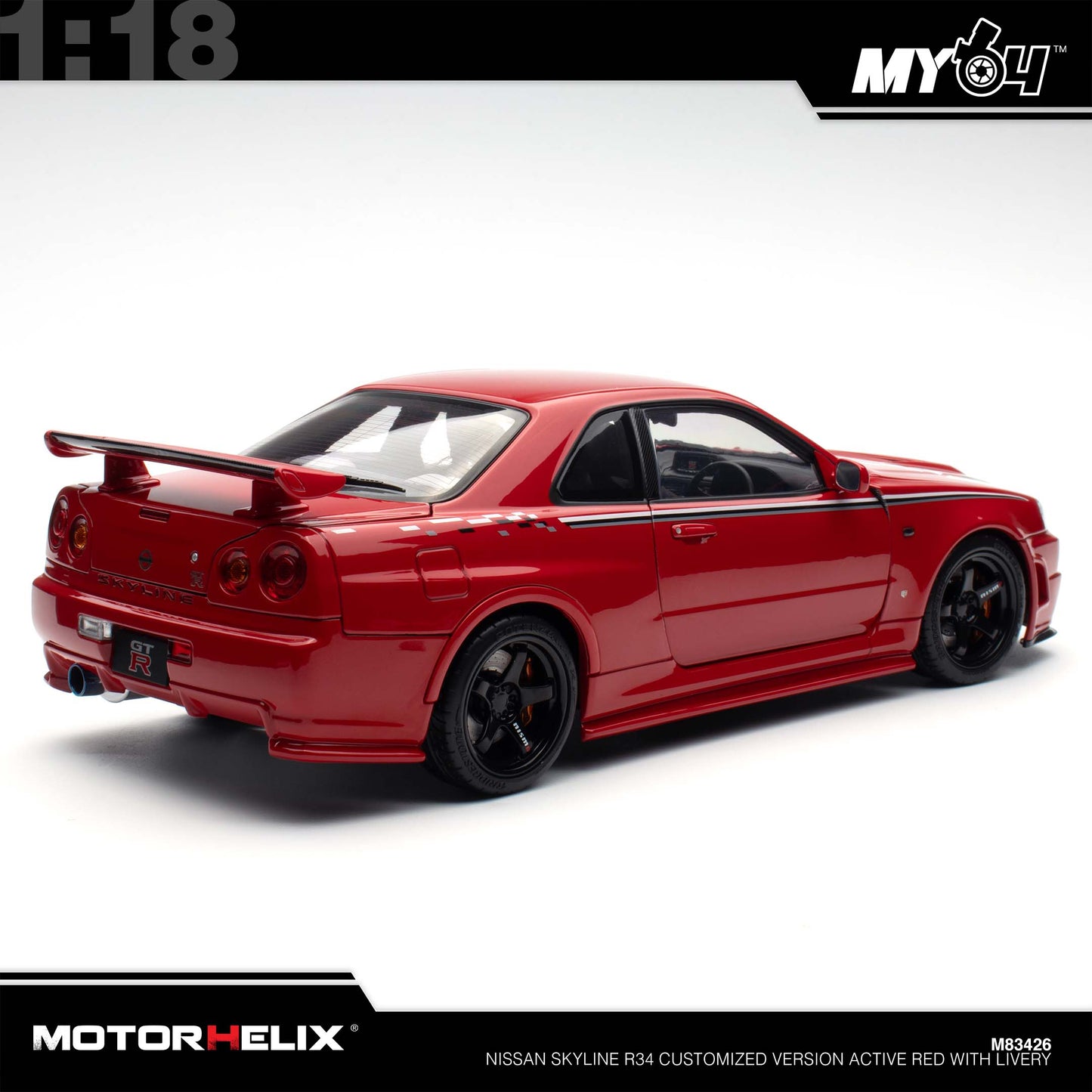 [Motorhelix] 1:18 Nissan Skyline R34 Customized Version -  Active Red With Livery