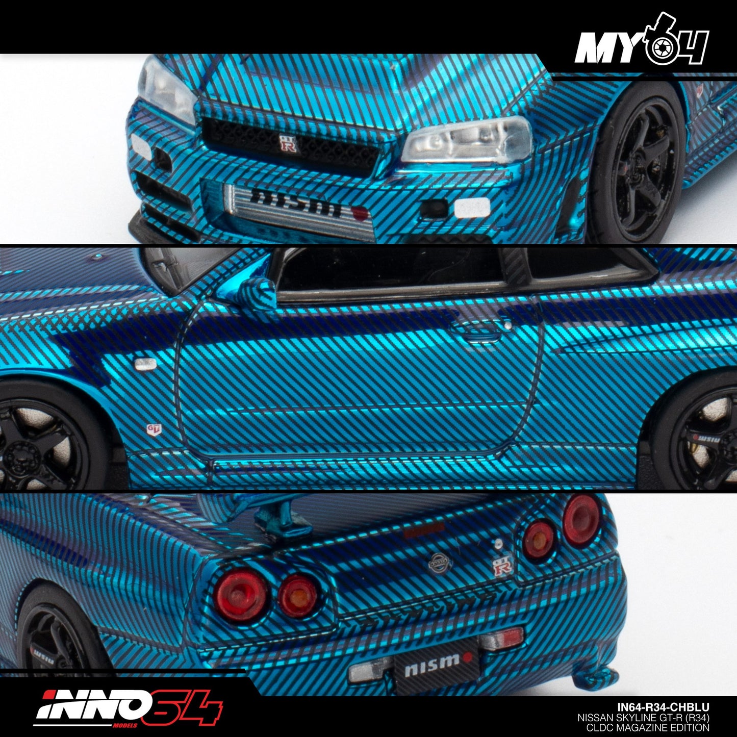 [INNO64] Nissan Skyline R34 - Chrome Blue Carbon With Magazine (CLDC Exclusive)