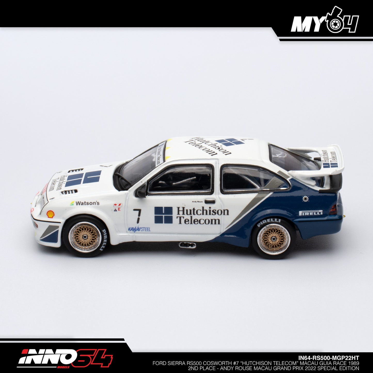 [INNO64] Ford Sierra RS500 Cosworth #7 "HUTCHISON TELECOM" Macau Guia Race 1989 2nd Placa - ANDY ROUSE Macau Grand Prix 2022 Special Edition