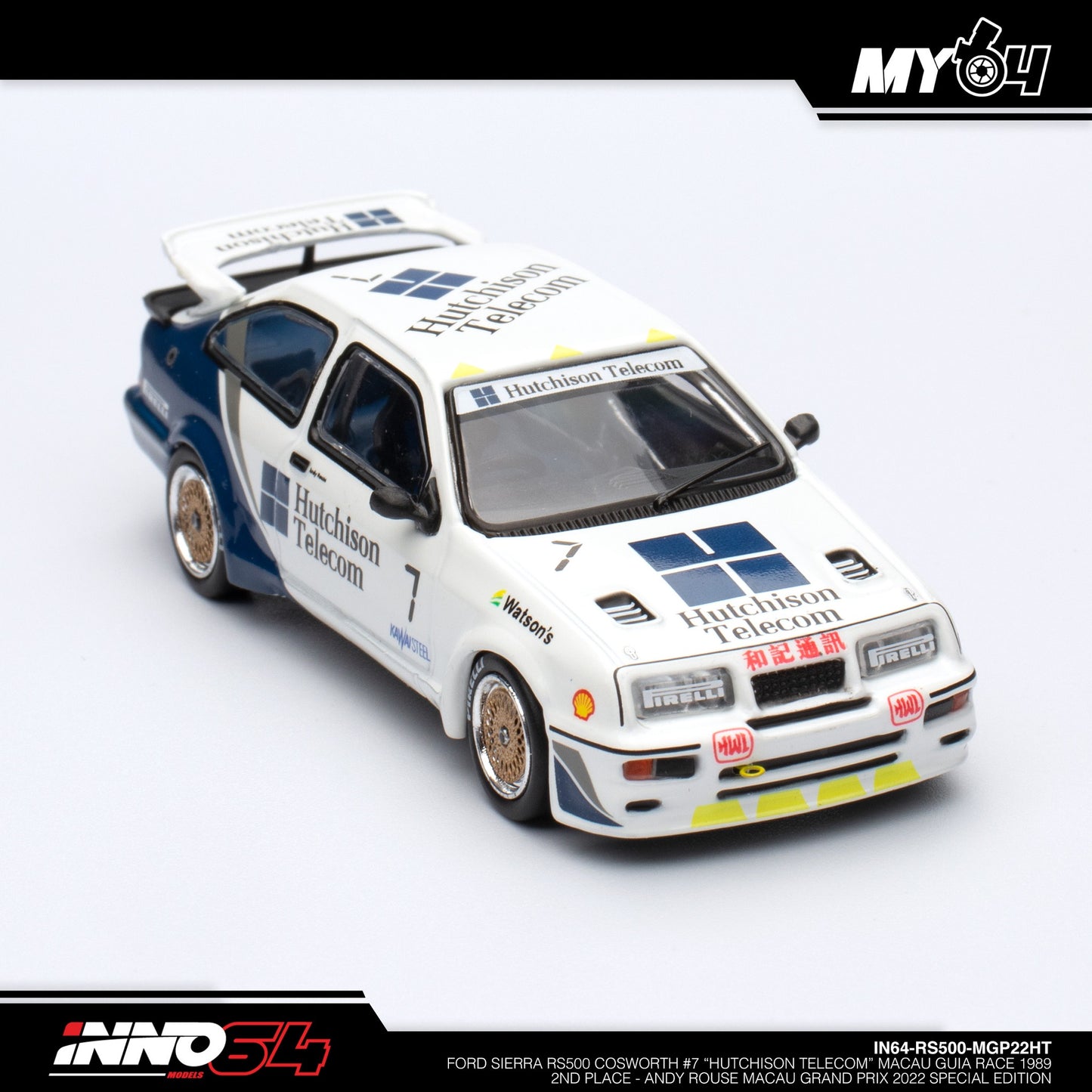 [INNO64] Ford Sierra RS500 Cosworth #7 "HUTCHISON TELECOM" Macau Guia Race 1989 2nd Placa - ANDY ROUSE Macau Grand Prix 2022 Special Edition