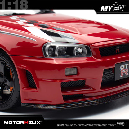 [Motorhelix] 1:18 Nissan Skyline R34 Customized Version -  Active Red With Livery