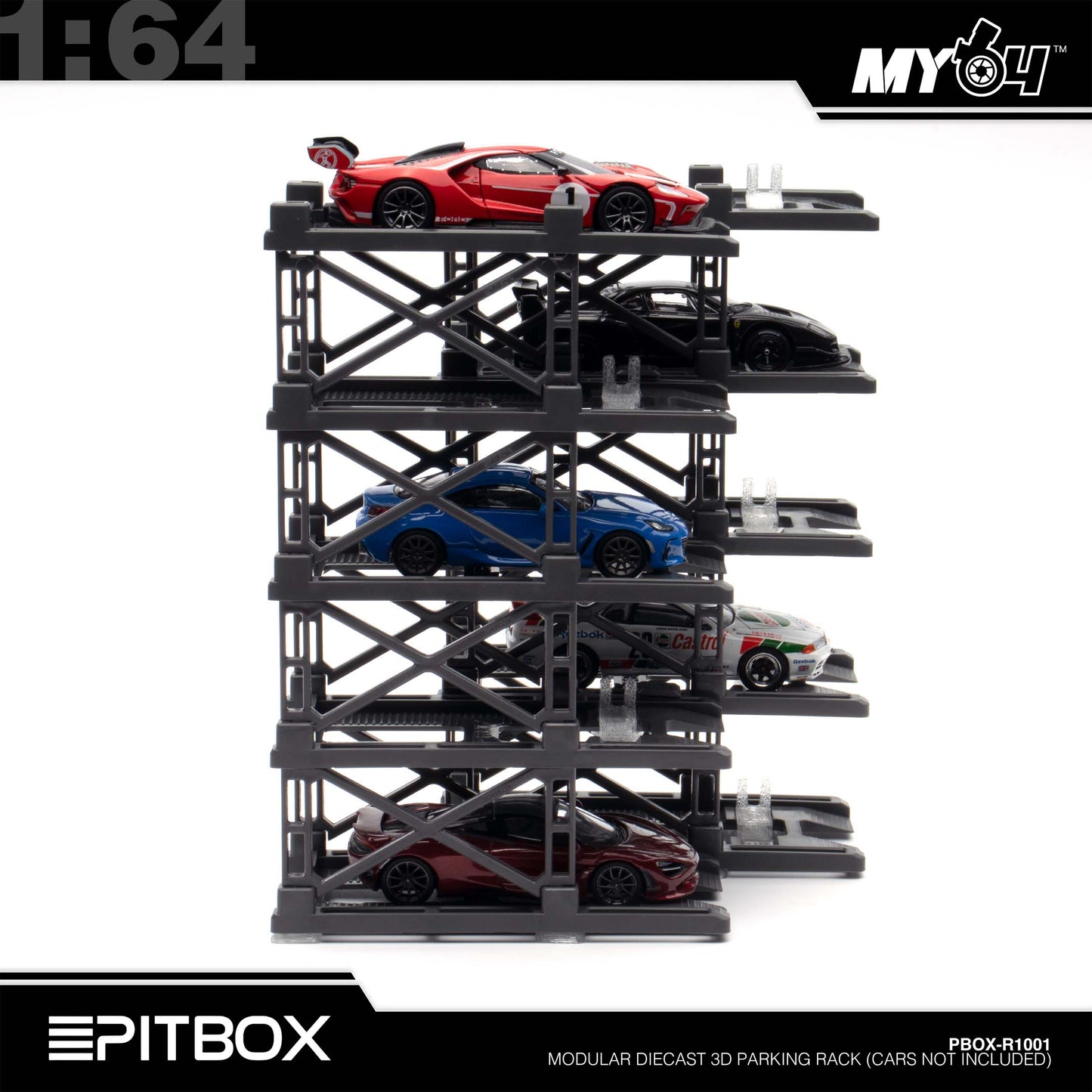 [PitBox] 1:64 Diorama 10-Bay Parking Rack (Grey) with Car Holder