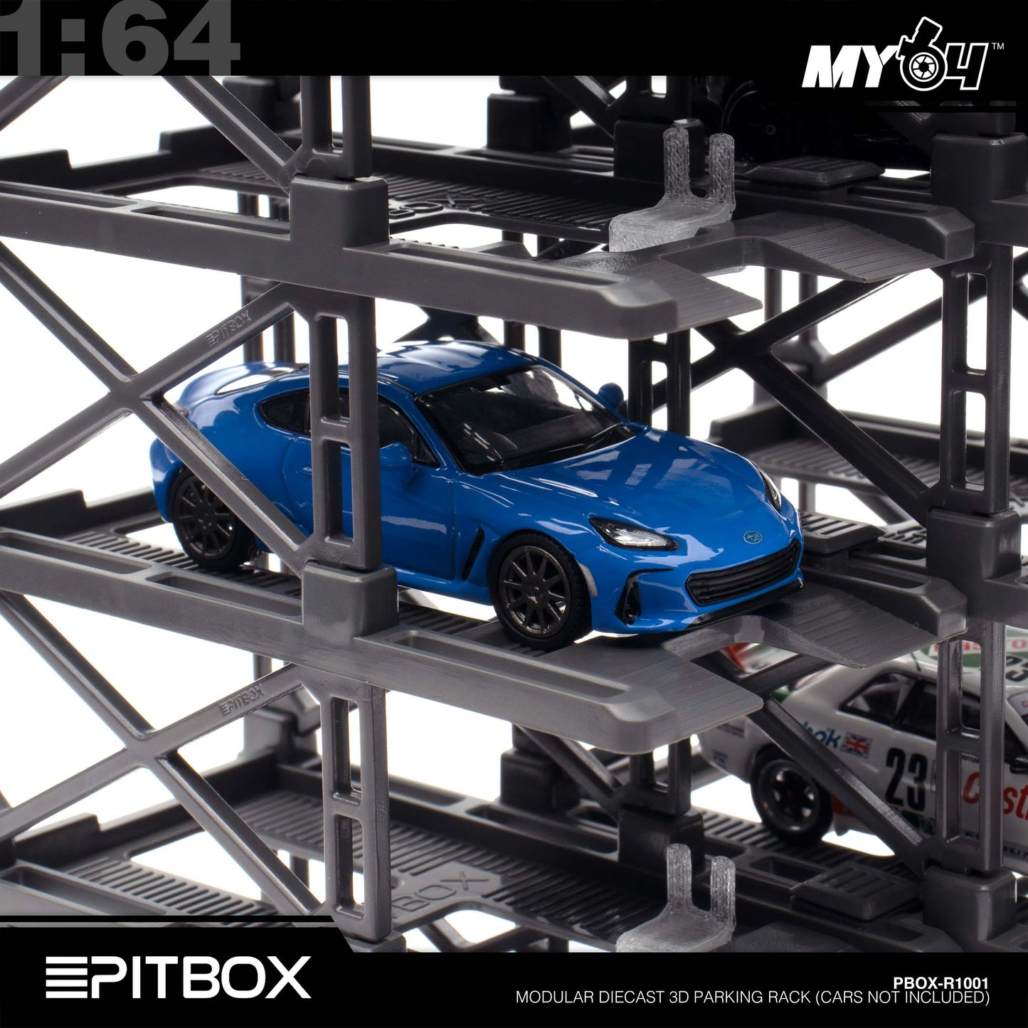 [PitBox] 1:64 Diorama 10-Bay Parking Rack (Grey) with Car Holder