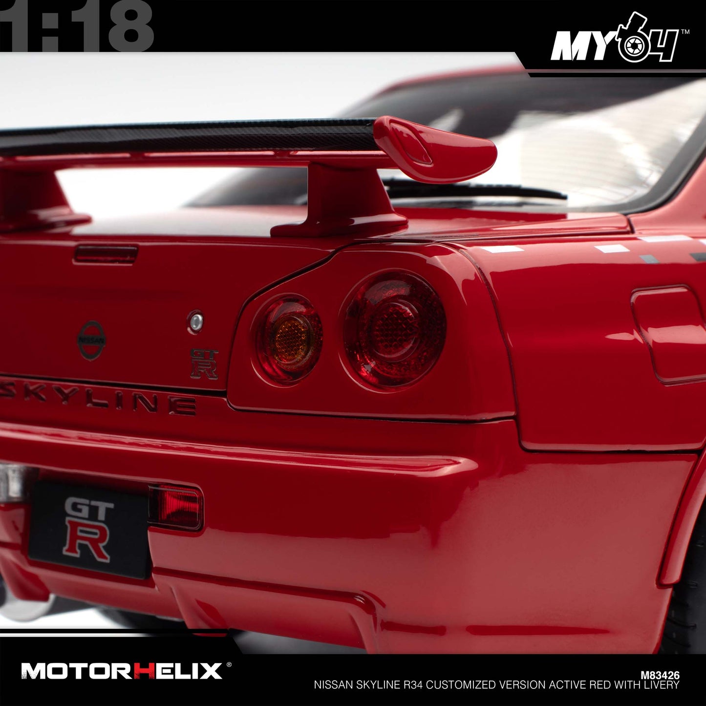 [Motorhelix] 1:18 Nissan Skyline R34 Customized Version -  Active Red With Livery