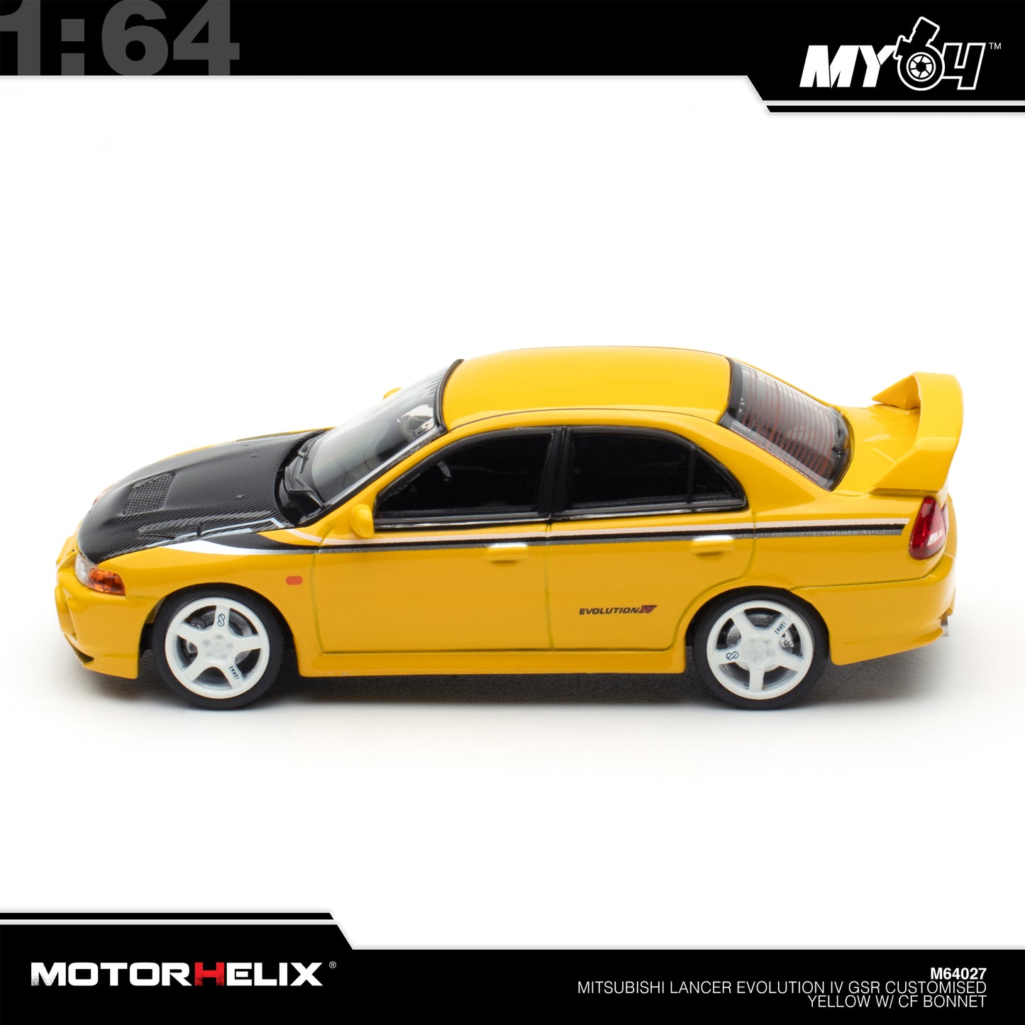 [Motorhelix] 1:64 Mitsubishi Lancer GSR Evolution IV - Customized Yellow with Carbon Bonnet