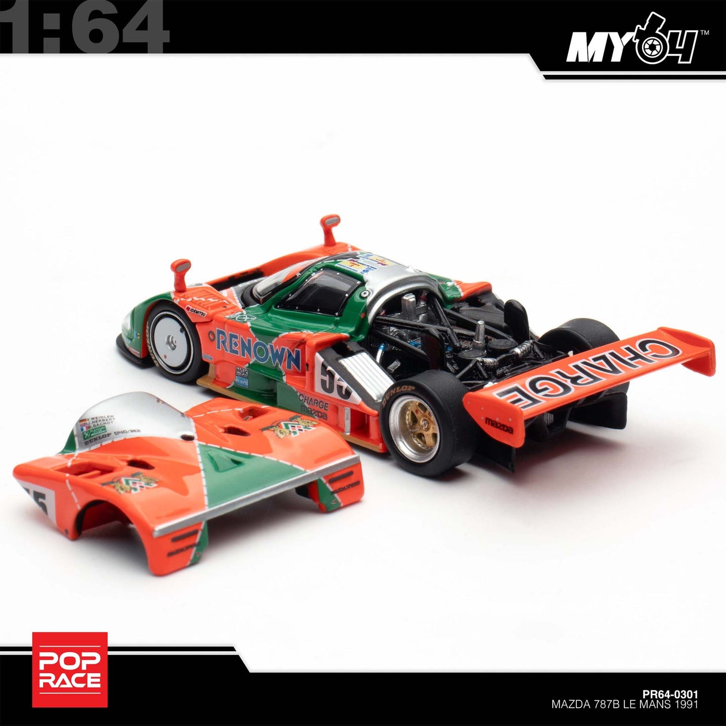 [Pop Race] 1:64 Mazda 787B 1991 Le Mans 24h Winner Removeable Front and Rear Cover Detailed Engine