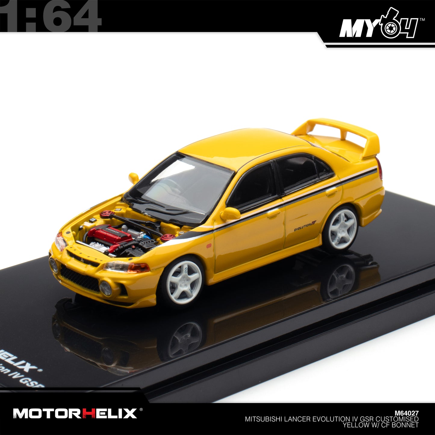 [Motorhelix] 1:64 Mitsubishi Lancer GSR Evolution IV - Customized Yellow with Carbon Bonnet