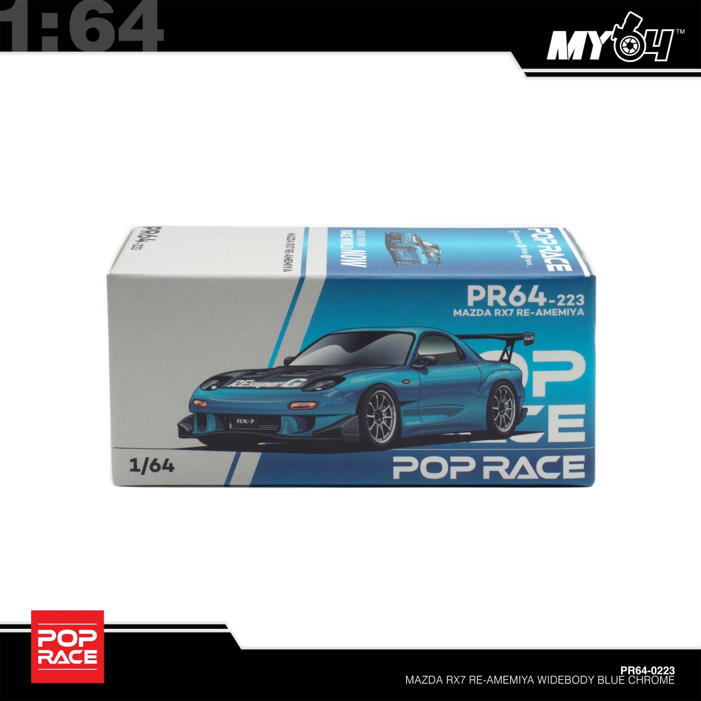 [Pop Race]  1:64 Mazda RX7 Re-Amemiya Widebody - Blue Chrome