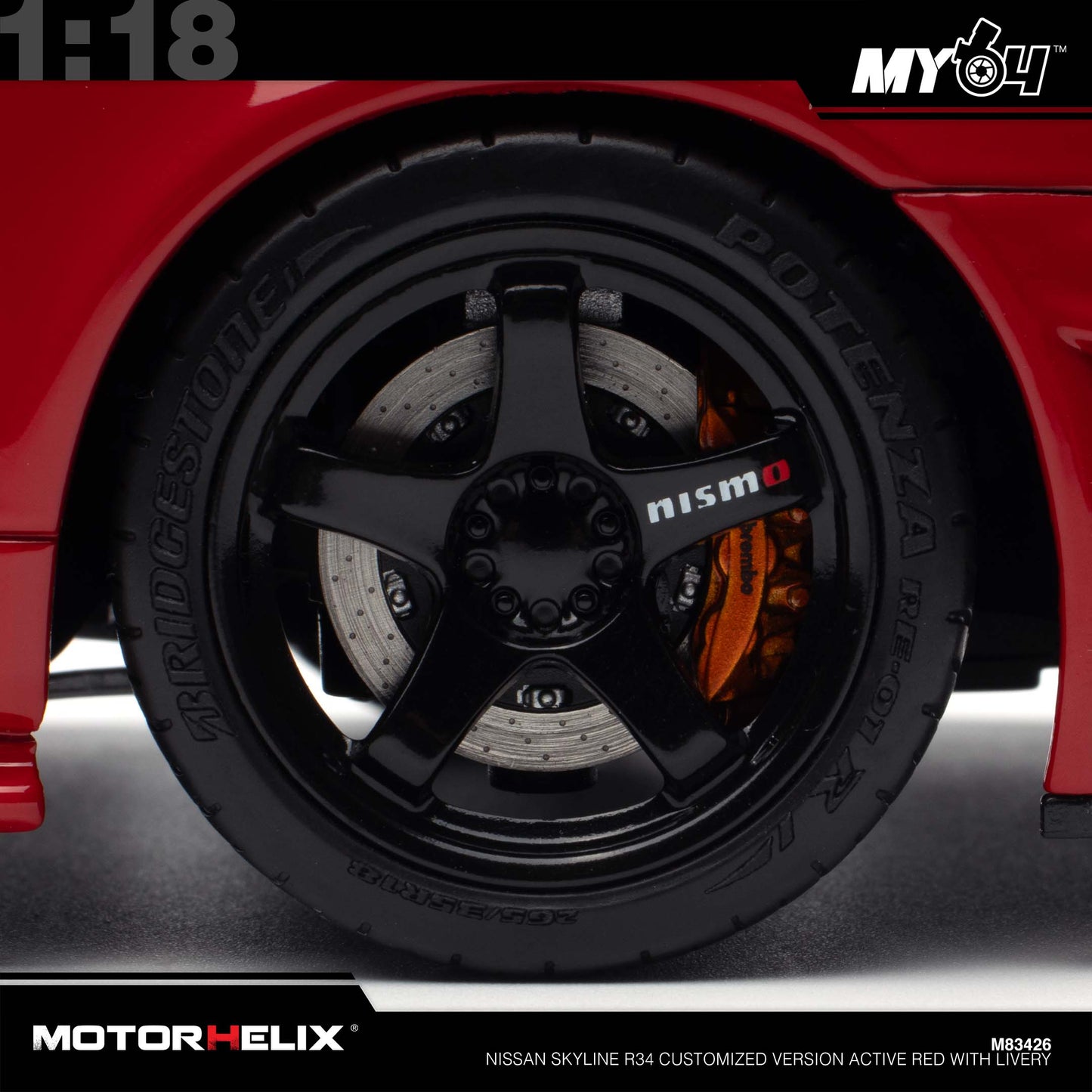 [Motorhelix] 1:18 Nissan Skyline R34 Customized Version -  Active Red With Livery