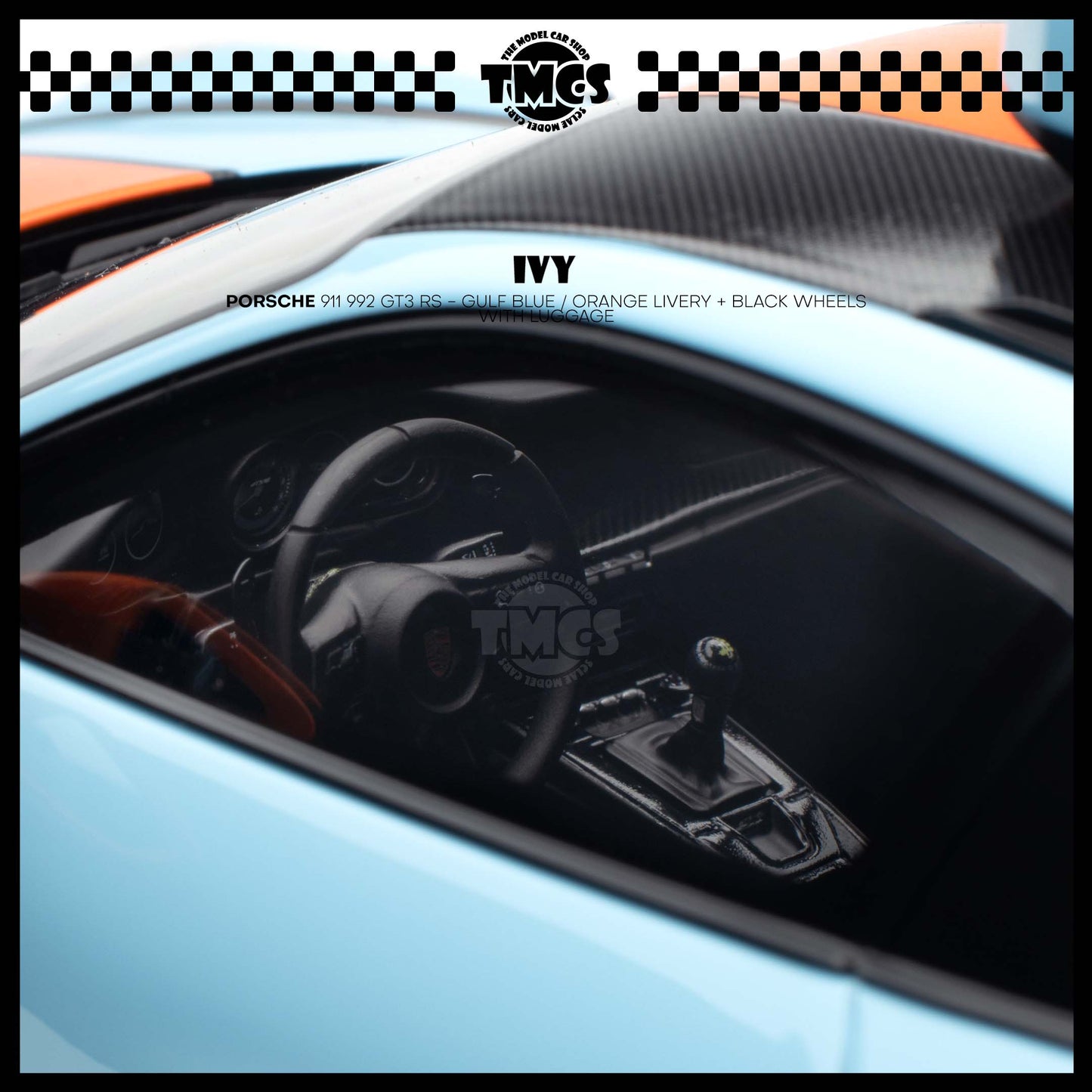 [IVY] 1:18 Porsche 911 992 GT3 RS - Gulf Blue / Orange Livery + Black Wheels WIth Luggage