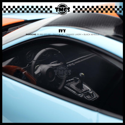 [IVY] 1:18 Porsche 911 992 GT3 RS - Gulf Blue / Orange Livery + Black Wheels WIth Luggage