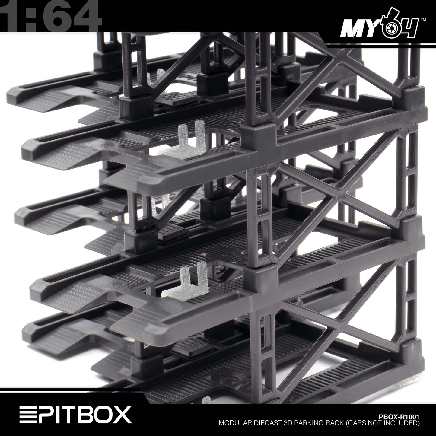 [PitBox] 1:64 Diorama 10-Bay Parking Rack (Grey) with Car Holder