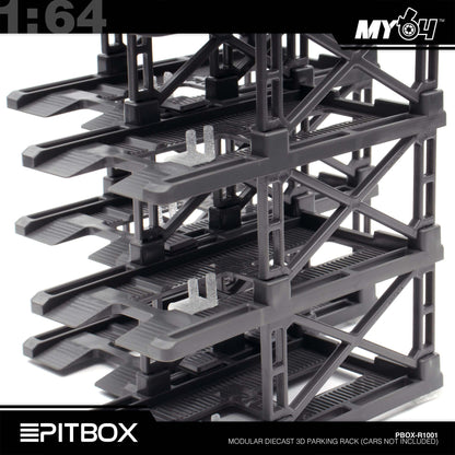 [PitBox] 1:64 Diorama 10-Bay Parking Rack (Grey) with Car Holder